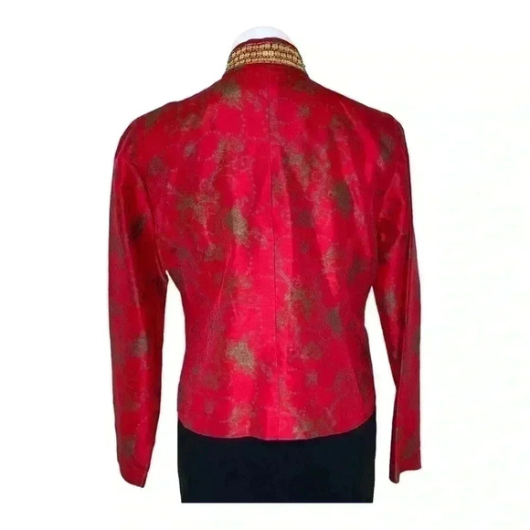 Chico’s cherry red gold beaded  sequin Oberon Lavoie Jacket 100 silk size Medium - Picture 2 of 5